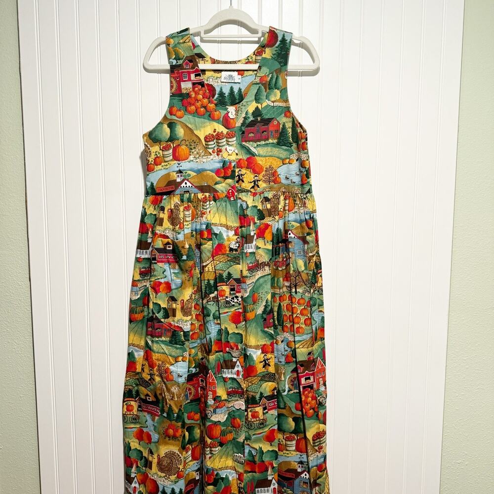 Vintage 80s Dogwood Lane Cotton Dress Fall Pumpkin Patch Scarecrow Apples Small